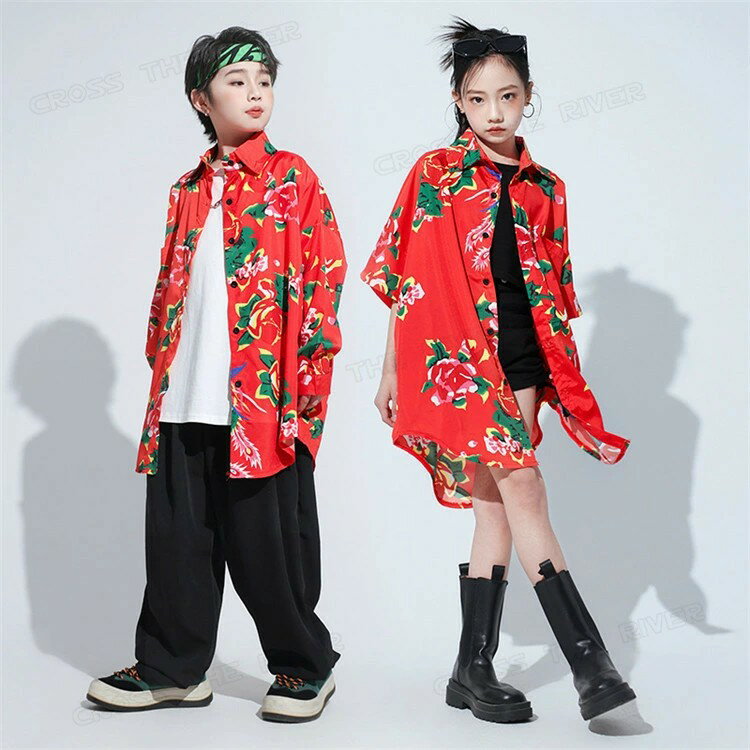 中華風 柄シャツ 赤 キッズダンス衣装 セットアップ ヒップホップ 韓国 子供服 赤...