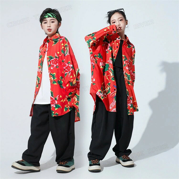 中華風 柄シャツ 赤 キッズダンス衣装 セットアップ ヒップホップ 韓国 子供服 赤...