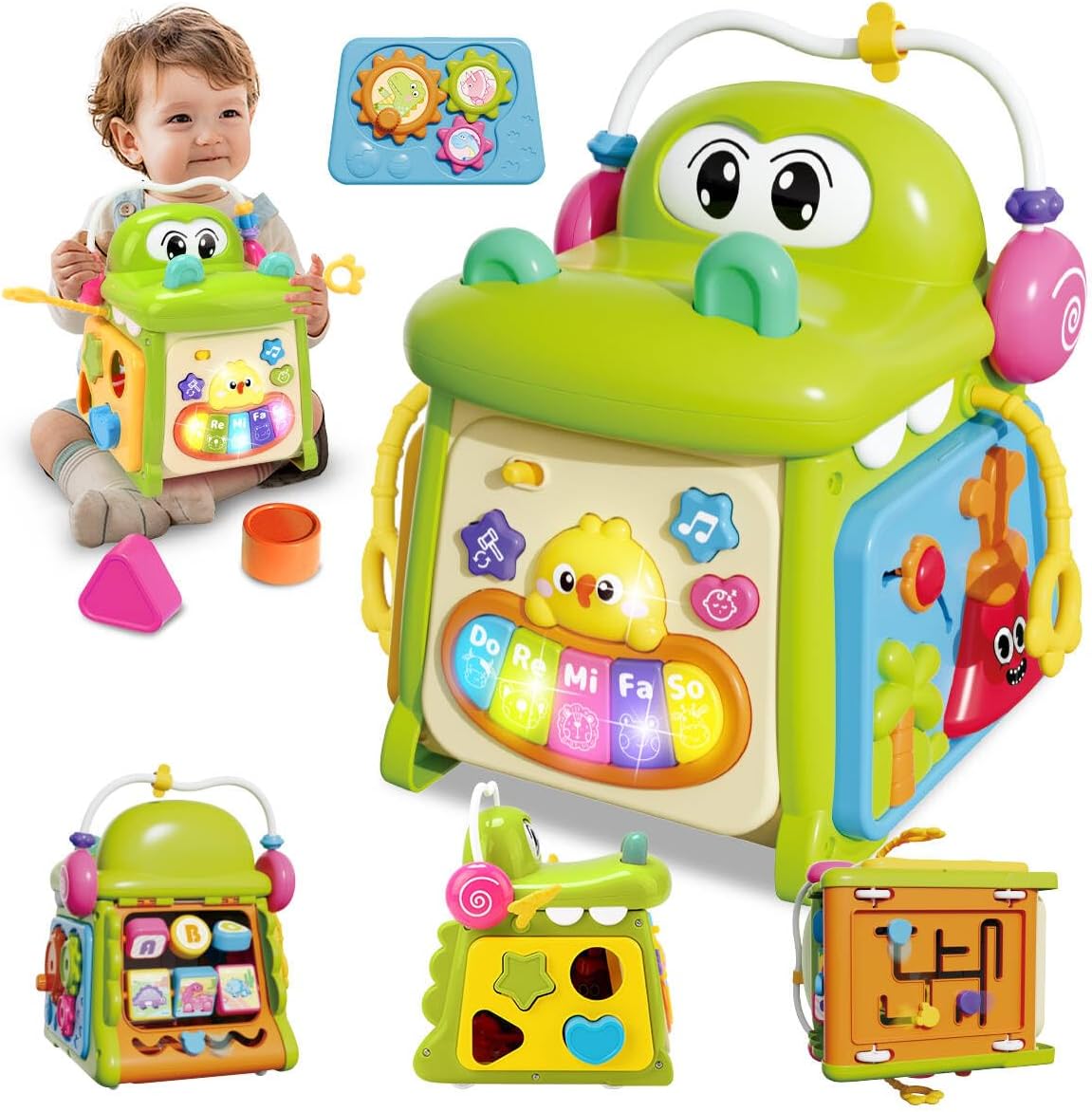 楽しいおもちゃ-子供の感性にとても良いと感じており、色々な工夫があり楽しいと好評です。 この赤ちゃんおもちゃには、音楽、楽器、色、形、動物などの要素が含まれており、幼児の興味を引きつけながら遊びながら学ぶことができます。楽しい学習過程で赤ちゃんの五感を刺激し、細かい運動能力、手と目の協調、そして想像力を育みます。1歳児の早期学習に最適なモンテッソーリおもちゃです。 豊富な遊びの知育玩具：このアクティビティキューブは、鍵盤楽器、知育時計、形合わせ、ルーピングなど、8つの面に18種類の遊びが詰まっています。赤ちゃんの成長に合わせて脳を育むことができ、はいはい期から3歳頃まで楽しめる知育玩具です。 音楽おもちゃ: 15曲のよく知られたメロディーと20種類以上の音声効果が収録されており、音量は2段階で調節可能です。鮮やかで柔らかなライトが赤ちゃんの興味を引きつけます。いたずら遊びから眠りを誘う子守唄まで、1歳児におすすめのおもちゃです。 安全な材質-横幅がコンパクトで、お子さんが遊びやすい。周りが四角ではなく、丸っこくできていて、危なく無く、安心です。ABS素材で安心して遊べるし、耐衝撃性もバッチリだから少し暗い落としても大丈夫だと思う。 出産祝いやプレゼントに-お子様やお孫様、お友達や親戚、お世話になった方への出産祝いや誕生日プレゼント、ギフト、クリスマスプレゼント、贈り物にもおすすめです。