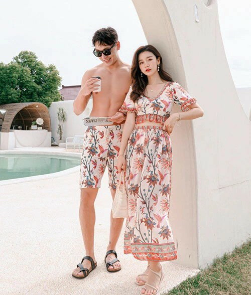 水着 ペア水着 ビキニ カップル 男女4点セット 夏 ペアルック お揃い服 レディース ロングスカート メンズ ハーフパンツ ビーチパンツ サーフパンツ 恋人 プレゼント ご夫婦 プール ビーチ リゾート 海外 新婚旅行 おしゃれ