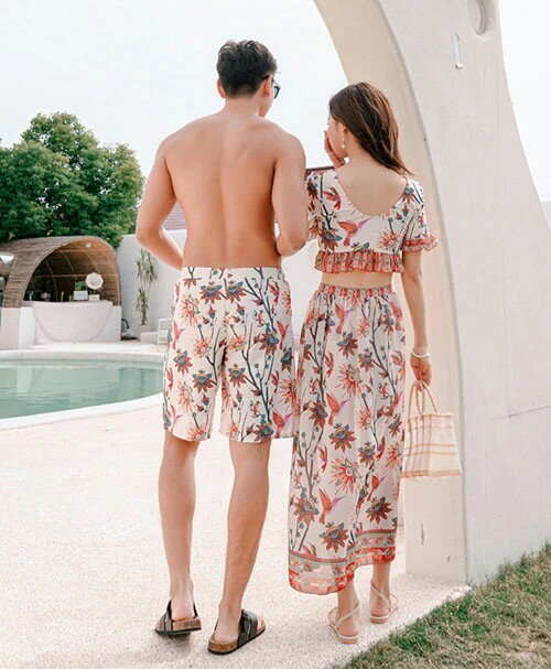 水着 ペア水着 ビキニ カップル 男女4点セット 夏 ペアルック お揃い服 レディース ロングスカート メンズ ハーフパンツ ビーチパンツ サーフパンツ 恋人 プレゼント ご夫婦 プール ビーチ リゾート 海外 新婚旅行 おしゃれ