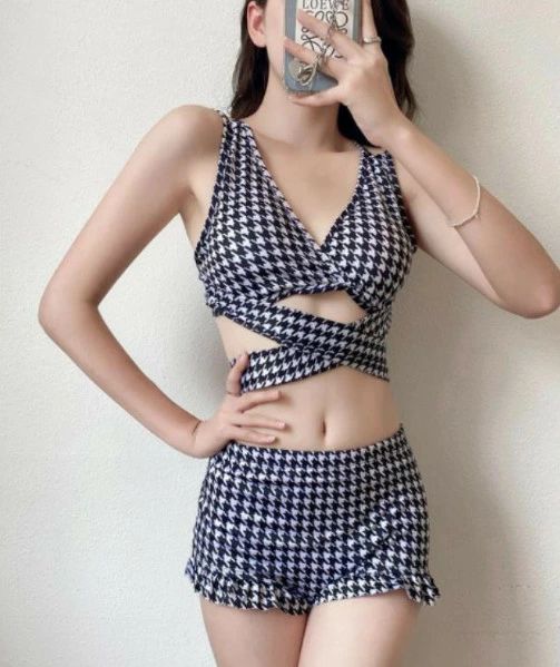 水着レディースビキニショルダーフリル2セット20代30代大人女性セクシーバックファッションかわいいセパレート2 wayハイウエストパンツ無対称ブロック格子シンプル単色調