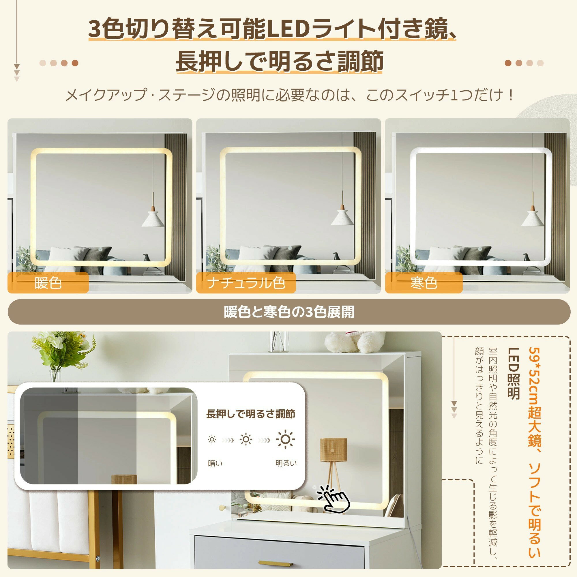 【即納】ドレッサー化粧台 テーブル 鏡台 LEDライト付き スツール付き 引き出し 収...