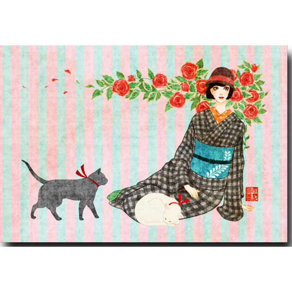 立花小春・大正モダンポストカード「猫と薔薇」