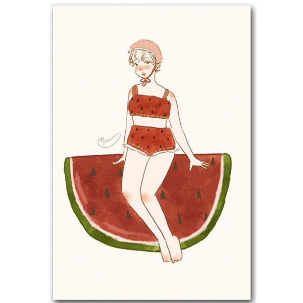 リナポストカード「すいかと女の子」