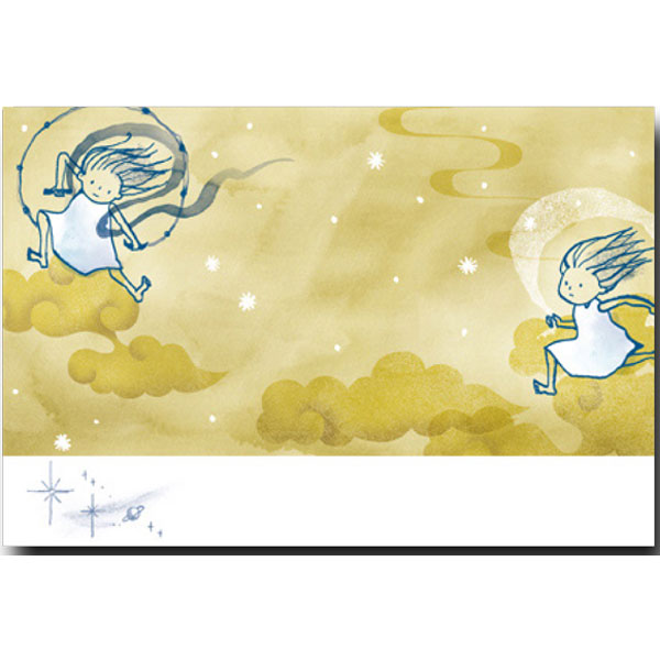 ワタナベサチコ・水彩イラストポストカード「風神雷神女の子」