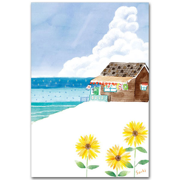 暑中見舞い 残暑見舞いポストカード13枚セット「海の家のある風景」縦型