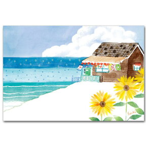 暑中見舞いに使える・水彩イラストポストカード「海の家のある風景」横型