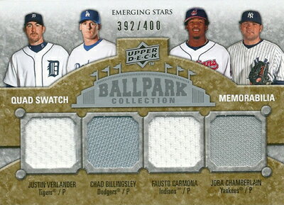 Justin Verlander / Chad Billingsley / Fausto Carmona / Joba Chamberlain 2009 Ballpark Collection Quad Swatch Memorabilia 392/400