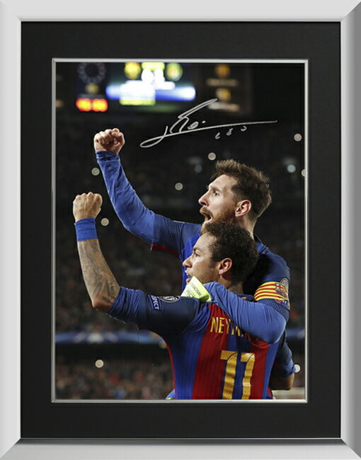 リオネル・メッシ 直筆サインフォト FC バルセロナ セレブレーション ネイマール 額装 (Lionel Messi Official Signed Barcelona Photo: Celebration with Neymar Jr vs PSG