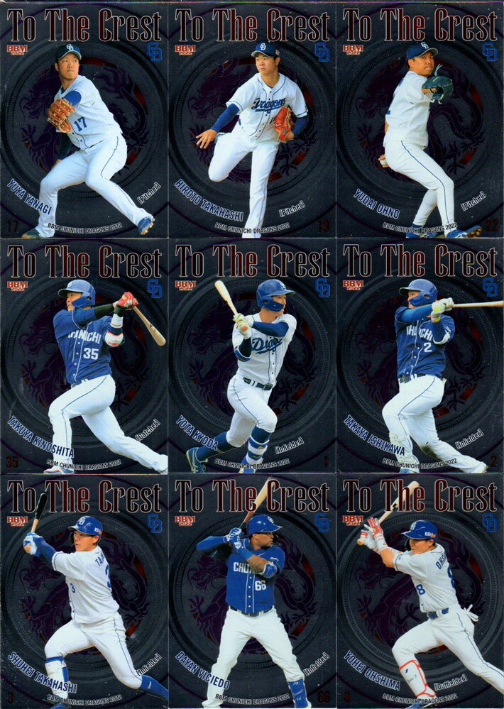 BBM2022 中日ドラゴンズ To The Crest／Elevated／D 039 s Legacy【 柳裕也 高橋宏斗 大野雄大 木下拓哉 京田陽太 石川昂弥 高橋周平 ビシエド 大島洋平 石森大誠 星野真生 鵜飼航丞 ブライト健太 立浪和義 落合英二 祖父江大輔 中村紀洋 森野将彦 根尾昂 荒木雅博 高松渡 】