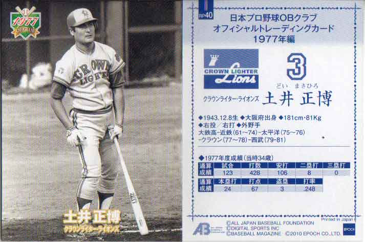 EPOCH2011 日本プロ野球OBクラブ トレーディングカード 1977年編 インサートカード(レギュラーパラレルミニカード・裏面青) No.RP40 土井正博