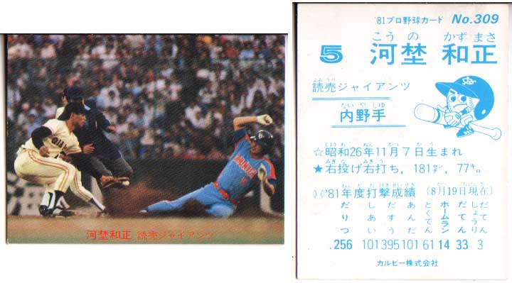 カルビー1981 プロ野球チップス No.309 河埜和正(B)