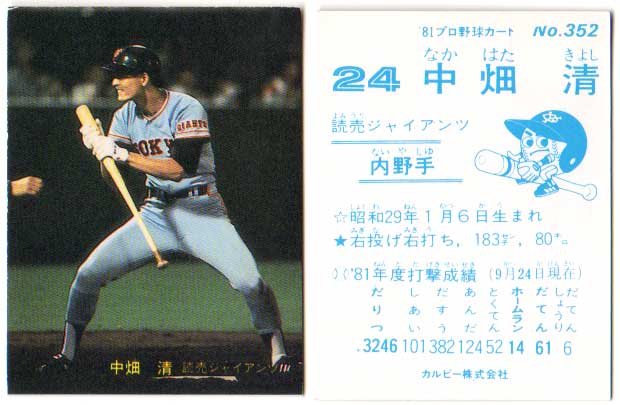 カルビー1981 プロ野球チップス No.352 中畑清(B)