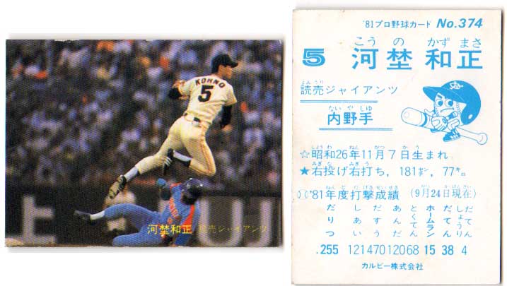 カルビー1981 プロ野球チップス No.374 河埜和正(B)