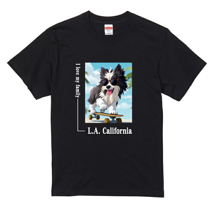 愛犬 Tシャツ 犬 シェットランドシープドッグ ブラック ホワイト スケボー 西海岸 スクエア プリント 半袖 服 プレゼント 誕生日 父の日 母の日 敬老の日 ギフト メンズ レディース カジュアル 大きい サイズ 有り ブランド シンプル 白 黒 アウトドア