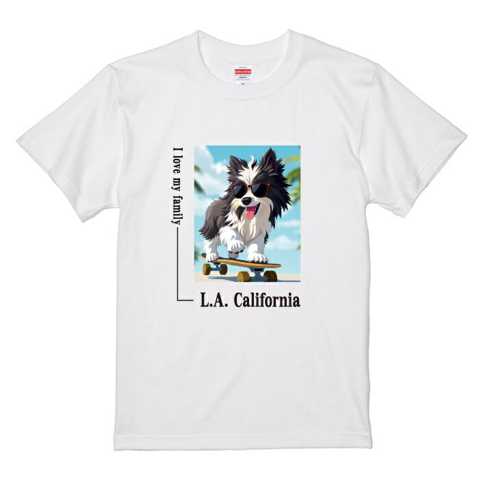 愛犬 Tシャツ 犬 シェットランドシープドッグ ブラック ホワイト スケボー 西海岸 スクエア プリント 半袖 服 プレゼント 誕生日 父の日 母の日 敬老の日 ギフト メンズ レディース カジュアル 大きい サイズ 有り ブランド シンプル 白 黒 アウトドア