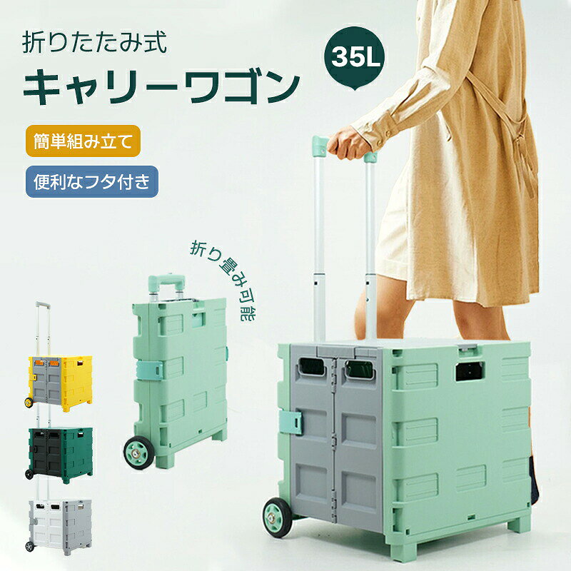 商品仕様商品紹介商品紹介サッと広げて使える キャスター付きキャリーカートです 折りたたむと厚さ約8cmでコンパクト 片手で持ち運びできるほど軽い ハンドルは2段階の高さ調整が可能です。キャリーカートはいろいろ使える ・アウトドア時の荷物の持ち運び・スーパーなど、お買い物時の荷物の持ち運び・ビジネス時に必要なアイテムの持ち運び・スポーツ用品の収納 持ち運び・ガーデニング用具や工具などの収納 持ち運び今までは体力が必要だった荷物の運搬もスムーズにできちゃいます 商品仕様・カラー：イエロー、ライトグリーン、グレー、ダークグリーン・サイズ（約）：・外寸：幅42×奥行33.5×高さ37cm・収納時：幅42×奥行 .5×高さ37cm・重量（約）：2.8kg・容量（約）：3.5L・耐荷重（約）：35kg・材質：ポリプロピレン樹脂（ キャリーカート キャリー 折り畳み キャンプ レジャー スポーツ）◆ご注意◆※画像は実物を撮影したものです。 明るさ、光の反射などで実物と多少色合いが変わってみえることがございますがご理解ください。