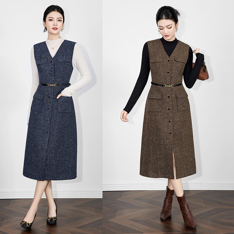 【秋冬ウールジャンパースカート】秋ワンピース ミモレ丈ジャンパースカートジャパスカ 結婚式ワンピース フェミニンドレス ノースリーブツイードパーティードレス オフィスビジネス通勤イベント仕事用ワンピースデートディナー誕生会セレモニーワンピーススーツフォーマル