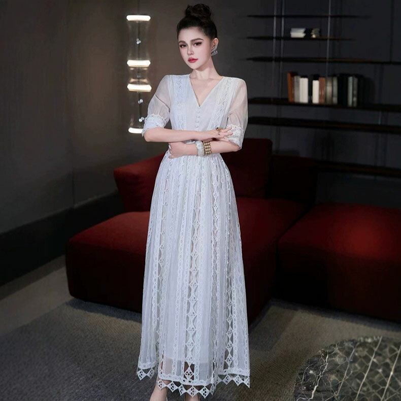 Rakuten - 【パーティードレス】総レースワンピース 半袖総レースドレス 結婚式ドレス ロング丈ワンピース マキシ丈ワンピース 欧米風 華やか オフィスワンピース Aラインドレス 通勤ワンピース フォーマルドレス 上品さビジネスお呼ばれ 誕生会イベントデート総レースパーティードレス