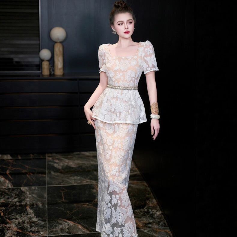 【パーティードレス】花柄刺繍ワンピース 半袖ロングドレス 結婚式ドレス チュールワンピース マキシ丈ワンピース 欧米風 華やか 総レースワンピース 花柄刺繍ドレス 通勤ワンピース フォーマルドレス 上品さビジネスお呼ばれ 誕生会イベントデー...