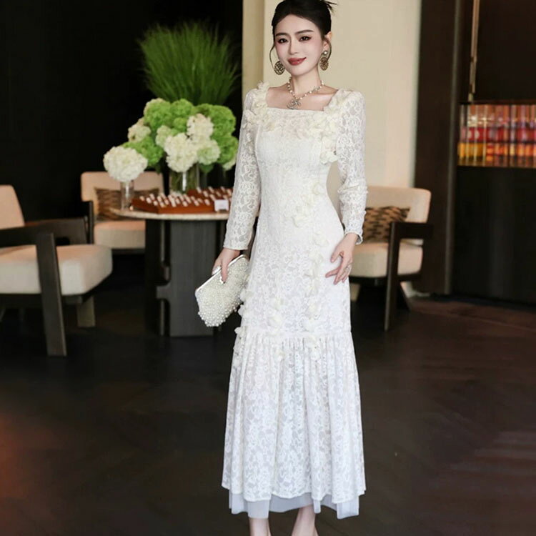【総レースワンピース】長袖ワンピース 総レースドレス 結婚式ドレス 仕事イベントドレス マキシ丈ワンピース 欧米風 華やか オフィスワンピース フレアドレス 通勤ワンピース フォーマルドレス 上品さビジネスお呼ばれ 誕生会イベントデート総レースパーティードレスロング