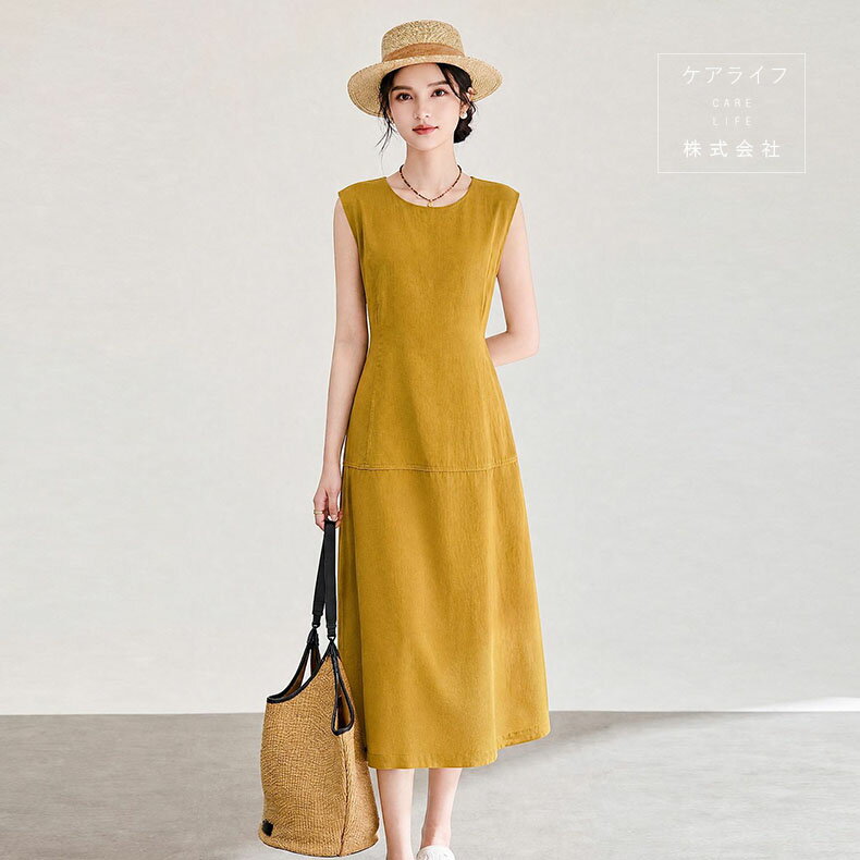 夏ワンピース ミモレ丈ひざ下丈ワンピース 結婚式ワンピース フェミニンドレス ノースリーブAラインパーティードレス オフィスビジネス通勤イベント仕事用ワンピースデートディナー誕生会セレモニーワンピーススーツ フォーマルドレス 無地リネン麻ワンピース