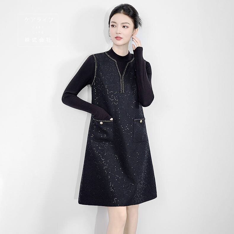 Rakuten - 【秋ウールツイードワンピース】ノースリーブ大人ドレス ショート丈ワンピース ウールパーティードレス 結婚式ワンピースAラインドレス フォーマルドレス ジャンパースカート ベストワンピース オフィスビジネス通勤イベント仕事用ワンピースジャパスカ ウールドレス刺繍