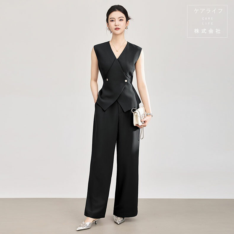 Rakuten - 【夏パンツスーツ】レディーススーツ セパレートパーティードレスパンツドレス 夏セットアップ 結婚式 謝恩会 セレモニー ノースリーブブラウス スーツベスト スーツジレフォーマルリクルートスーツ ロングパンツ 長ズボン ワイドパンツ 2点セット上下セットスラックス