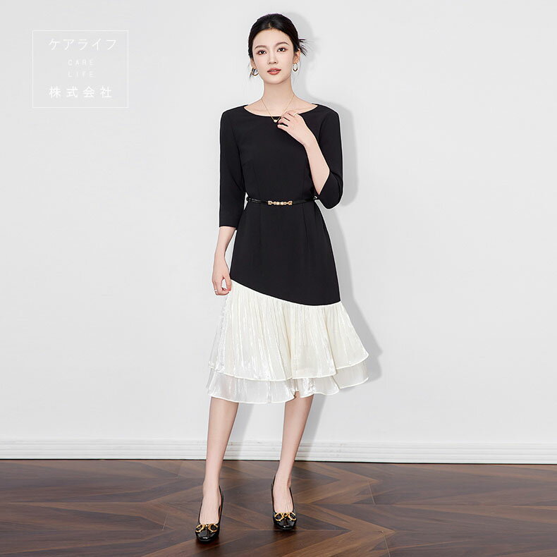 【秋ドレス】無地秋ワンピース ひざ下丈ミディアム丈パーティードレス 結婚式ワンピース フェミニンドレス 7分袖フレアパーティードレス オフィスビジネス通勤イベント仕事用ワンピースデートディナー誕生会セレモニーワンピーススーツ フォーマルドレ...