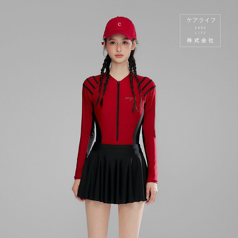 【フィットネス水着】2点セット 上下セット レディース 長袖トップ プリーツスカート フィットネス水着 タンキニ 体型カバー水着 ママ水着 20代 30代 40代 ぽっちゃり オトナ女子 大きいサイズ 可愛い お洒落 お腹お尻 太もも カバーアップ リゾート無地 秋冬 UVカット