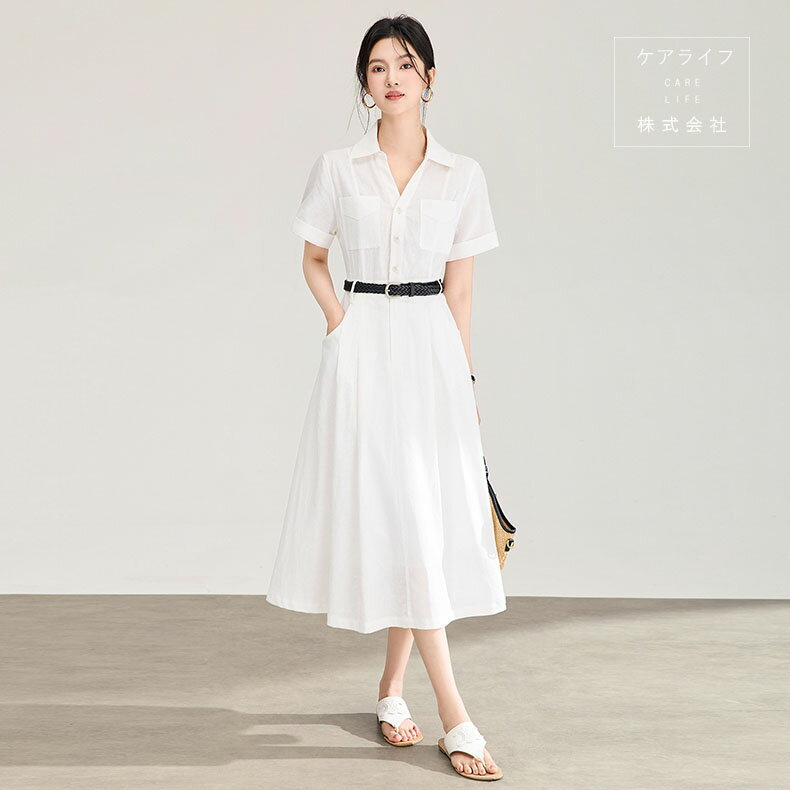 Rakuten - 【夏ワンピース】セレモニーシャツワンピース ひざ下丈ミモレ丈ワンピース 半袖Aラインドレス 結婚式 フェミニンドレス 無地パーティードレス オフィスビジネス通勤イベント仕事用ワンピースデートディナー誕生会ドレス入学式卒業式ドレス リネンワンピース 麻ドレスホワイト