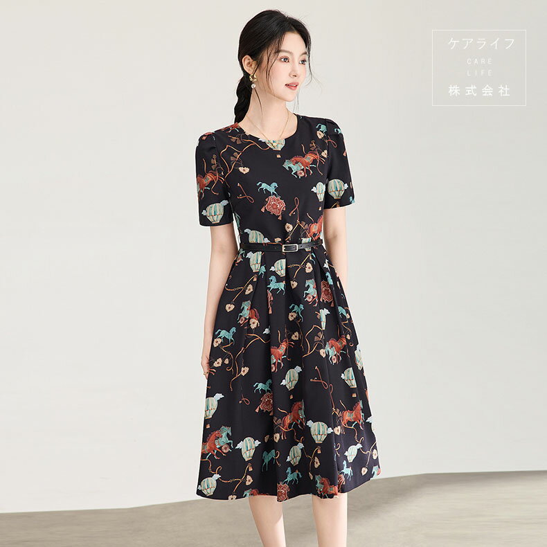Rakuten - 【夏ワンピース】セレモニー花柄ワンピースひざ下丈ミディアムワンピース 半袖Aライン 結婚式ワンピース フェミニンドレス 花柄パーティードレス オフィスビジネス通勤イベント仕事用ワンピースデートディナー誕生会ドレス入学式卒業式ドレス 花柄シフォンワンピース