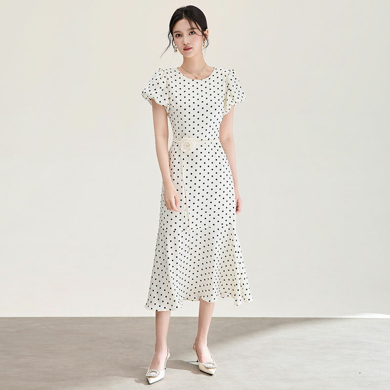 Rakuten - 【夏ドレス】半袖ドット柄ワンピース 夏ワンピース ロング丈ワンピース 結婚式ワンピース フェミニンドレス サテンパーティードレス オフィスビジネス通勤イベント仕事用ワンピースデートディナー誕生会セレモニーワンピーススーツ フォーマルドレス 水玉柄ワンピース