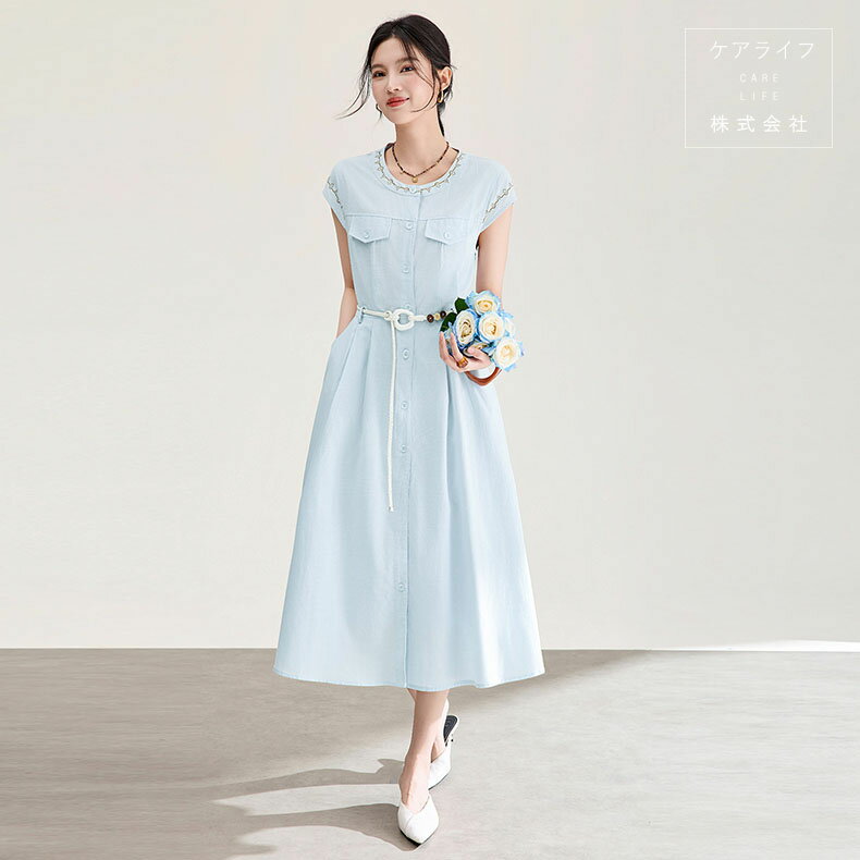 ノースリーブ綿ワンピース 夏ワンピース ロング丈ワンピース 結婚式ワンピース フェミニンドレス コットンパーティードレス オフィスビジネス通勤イベント仕事用ワンピースデートディナー誕生会セレモニーワンピース フォーマルドレス ミモレ丈シャツワンピース