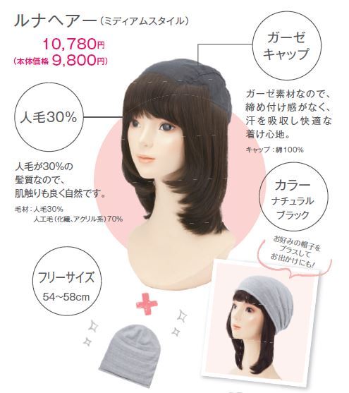 Lunaヘアー 毛付きガーゼキャップ ショートスタイル