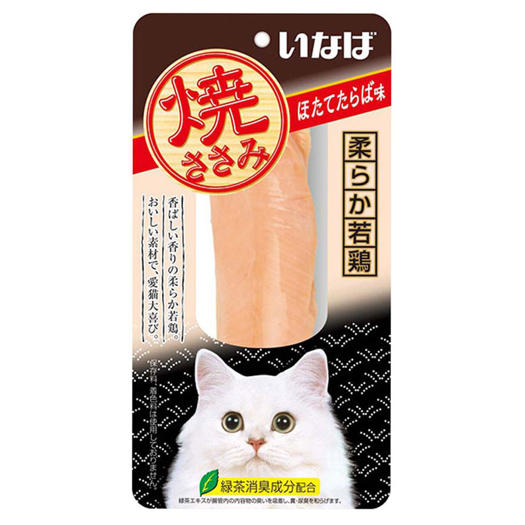 ※6本単位でのご注文をお願いいたします。 ふっくら柔らかな若鶏のささみをゆっくり香ばしく焼きあげました。 保存料、着色料、発色剤は使用しておりません。ほたてたらば味。 ■原材料：鶏肉（ささみ）、ほたてエキス、カニエキス、ビタミンE、緑茶エキス ■保証成分：タンパク質23.0％以上、脂質1.1%以上、粗繊維0.1%以下、灰分1.5%以下、水分74.0%以下、代謝エネルギー約35kcal/本 ■内容量：1本 【お知らせ】 リニューアルに伴い、パッケージ・内容等予告なく変更する場合がございます。また、リニューアル時期は旧製品と新製品が混同する場合がございます。予めご了承ください。 ご購入後、商品に不備・不良等がございましたら、下記製造メーカーまでお問い合わせくださいますよう、お願い致します。 ■いなばペットフード株式会社 〒421-3104　静岡県静岡市清水区由比北田114-1 0120-178-390 平日(月〜金、祝日除く)　9：00〜17：00