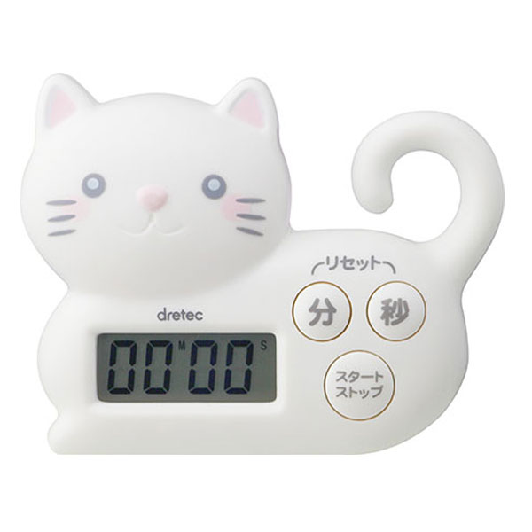 ●かわいいねこのタイマー ●しっぽに輪ゴムがかけられます ●立てて使えます ●ひも通し穴 ●強力磁石2個付 ●便利なリピート機能付 ●動作確認用電池付（アルカリボタン電池 LR44×1個） ●商品サイズ： 約W86×D27×H67mm ●商品重量： 約38g ●電源： アルカリボタン電池 LR44×1個 ●表示方法： 液晶デジタル4桁 ●最大セット時間： 99分59秒 ●カウントアップ最大計測時間： 99分59秒 ●アラーム鳴動時間： 約1分間 ●動作温度範囲： 0~40℃ 【メーカー名】（株）ドリテック 【メーカー品番】T-568WT