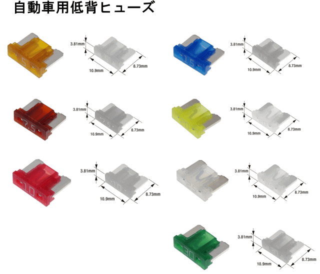 ブレードヒューズ【低背・ヒューズ】各アンペア1PC（10個入）自動車ヒューズ切れの交換に日立Astemoア..