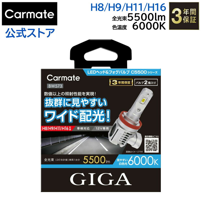 H8/H9/H11/H16 LED ヘッドライト カーメイト BW573 GIGA LEDヘッド フォグバルブ C5500 6000K H8/H9/H11/H16 LEDヘッドバルブ LEDヘッドライト carmate