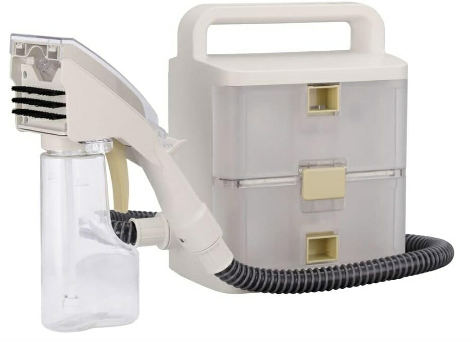 布製品を水洗いできるリンサークリーナーにバッテリー式が登場！ コンセントがない場所でも使えてさらに便利に。 サッと取り出し、サッと吸いとる！ 汚れが染み込む前に素早く対処。 カーペットや車内を水だけで洗浄します。 汚れに合わせて選べる2つの噴射タイプ。 ◆直射タイプ 　奥まで染み込んだ汚れを浮かせるから、ペット用品や古い汚れなどにオススメ。 ◆霧吹きタイプ 　一度で広い範囲に噴射できるから、カーペットやソファ等を掃除する時に便利！ 使い方は簡単！ ◆STEP1 　清水タンクに水を入れる。 ◆STEP2 　電源を入れて噴出レバーを引き、水を吹きかける ◆STEP3 　ハンドツールを押し当て、ゆっくりと手前に引く 洗浄時に約40℃までのお湯が使用可能。 しつこい汚れを浮かせてさっぱりキレイに！ 軽量・コンパクトで持ち運びもラクラク。 コードレスなのであらゆる場所でお使いいただけます。 充電温度　5～35℃　 連続使用時間 ※1　約10分　 バッテリー　リチウムイオン2次電池　 バッテリー容量　1900mAh　 バッテリー寿命　繰り返し充電約1000回　 定格電圧　DC 10.8V　 充電電源(充電アダプター)　入力　AC100-240V、50/60Hz　 出力　DC 13.7V、0.5A　 充電時間　約4時間(室温・使用時間などにより充電時間が長くなることがあります。)　 吸込仕事率　約20W　 回収タンク有効容量　0.4L(使用条件により変動します。)　 清水タンク容量　0.4L　 バキュームホース長さ　Φ19mm(内径)×960mm　 お湯使用温度　約40℃まで　 商品サイズ(cm)　幅約23.3×奥行約21.3×高さ約27.7(本体寸法)　 商品質量　2.4kg(ホース、ハンドツール含む)　 付属品　ハンドツール、バキュームホース、清掃ブラシ、バッテリー、充電アダプター　 ※1 満充電、バッテリー初期温度:20℃ 【保証書について】 特にご要望がなければ、当店では保証書への捺印・記入は行っておりません。 ご希望の場合はお手数ですが別途ご連絡をお願いいたします。 ※保証の適用は商品に対してのみとなり、取付・取外し費用や車両使用にかかわる事など、 商品以外に関することについてはいかなる場合でも補償は致しかねますのであらかじめご了承ください。 【納品書について】 基本的に同封させていただいておりません。 必要なお客様に関しましては、ご注文の際に備考欄へご記載いただくか メール等でご連絡いただきますようお願いいたします。商品詳細をご確認のうえ、ご購入ください。 商品に関してご不明な点がございましたら、当店までお問合せください。