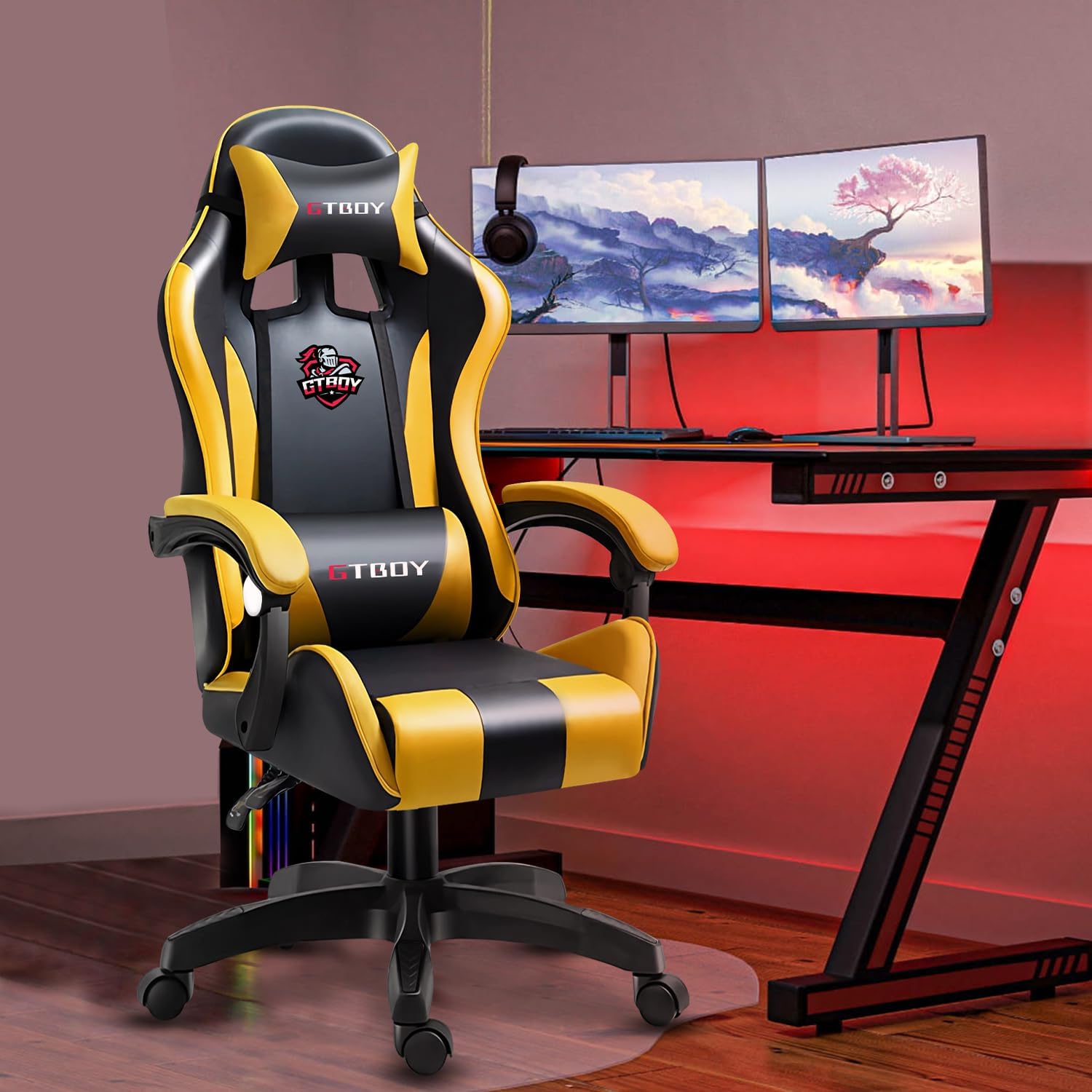 GTBoy ゲーミングチェア gaming chair PCゲーミングチェア ゲーム用チェア デスク pcチェア 椅子 テレワーク 140°リクライニング ゲームチェア ハイバック イス テレワーク【安心の非再生ウレタン採用】 (黒とイエロー, オットマンなし) 2