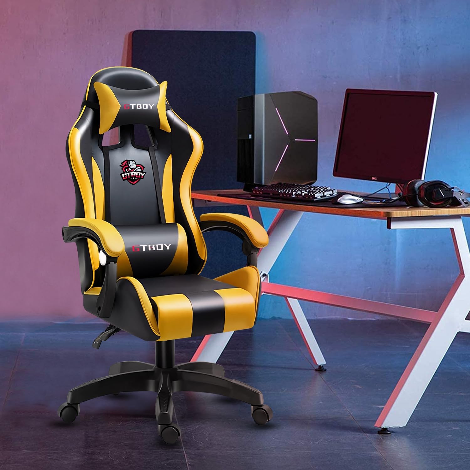 GTBoy ゲーミングチェア gaming chair PCゲーミングチェア ゲーム用チェア デスク pcチェア 椅子 テレワーク 140°リクライニング ゲームチェア ハイバック イス テレワーク【安心の非再生ウレタン採用】 (黒とイエロー, オットマンなし) 1