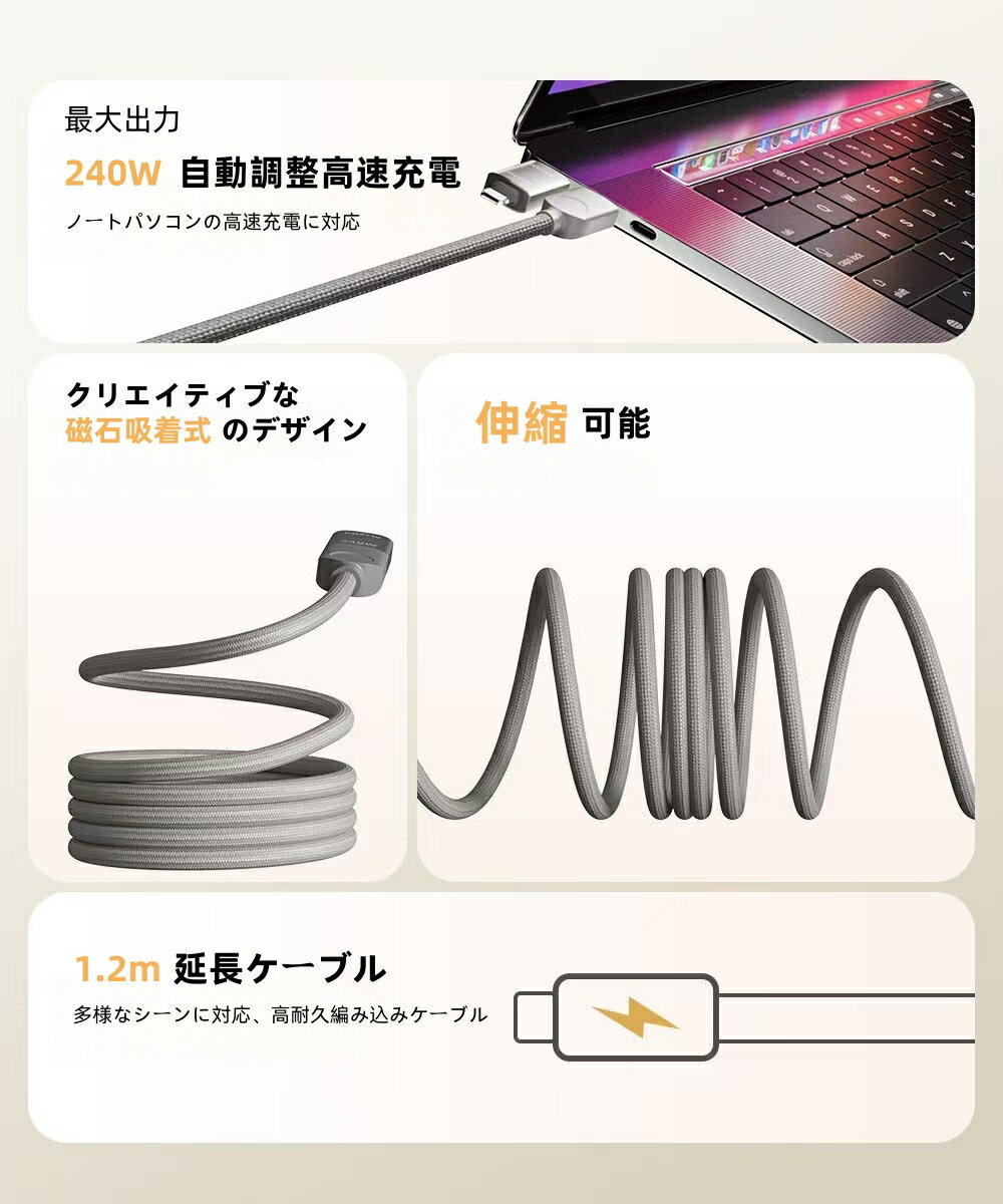 【240W】4in1 充電ケーブル 磁石自動収納 4-in-1 充電コード lighting+USB A+タイプC ケーブル 100W/5A 急速充電 高速データ転送 高耐久ナイロン編み iPhone 充電ケーブル iPhone15/MacBookPro/Air/iPad/Samsung/XperiaGalaxy等対応 (1.2M）