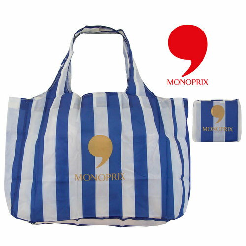 ☆フランス発エコバッグ/日本未入荷☆スーパーモノプリMONOPRIX ショッピングバッグ エコバッグ （ストライプ/ブルー）リサイクルポリエステル製【ゆうパケット300円、宅配便可】のサムネイル