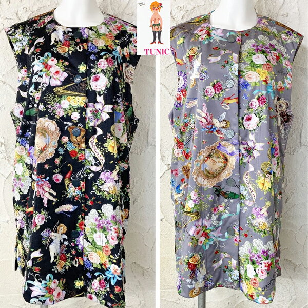 TUNIC チュニックビスコラピア素材ハッピーグリーティングプリントシリーズベスト中綿入り M〜Lサイズ送料無料 すべすべ 軽い なめらか 吸汗性日本製9104...