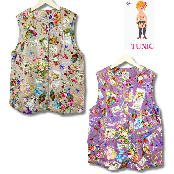 TUNIC チュニックビスコラピア素材オールハピネスプリントシリーズ中綿入りベストM〜Lサイズ送料無料 すべすべ 軽い なめらか 吸汗性日本製91048
