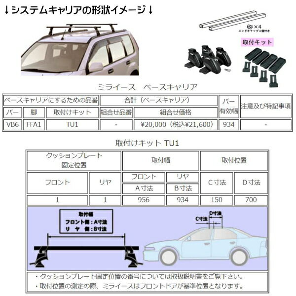 ミライース LA300S LA310S システムキャリア TUFREQ VB6 FFA1 TU1 SET ルーフラック ラック 業務用キャリア ベースキャリア カーゴラック 送料無料 条件有 2