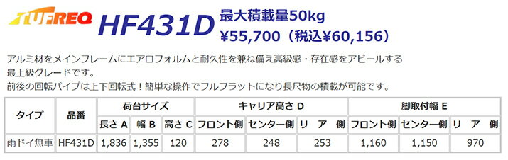 ルーフキャリア プロボックス NCP160V NCP165V NSP160V TUFREQ HF431D ハイクオリティ Hシリーズ 6本足 雨ドイ無車 ルーフラック ラック 業務用キャリア ベースキャリア カーゴラック 送料無料 条件有 カーキャリア 荷台 ハシゴ タフレック 精興工業 積載 通販 車用品 車 2