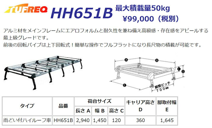 ハイエースワゴン H2系 ルーフキャリア TUFREQ HH651B ハイクオリティ Hシリーズ 10本足 ワイドミドルルーフ ルーフラック ラック 業務用キャリア ベースキャリア カーゴラック 送料無料 条件有